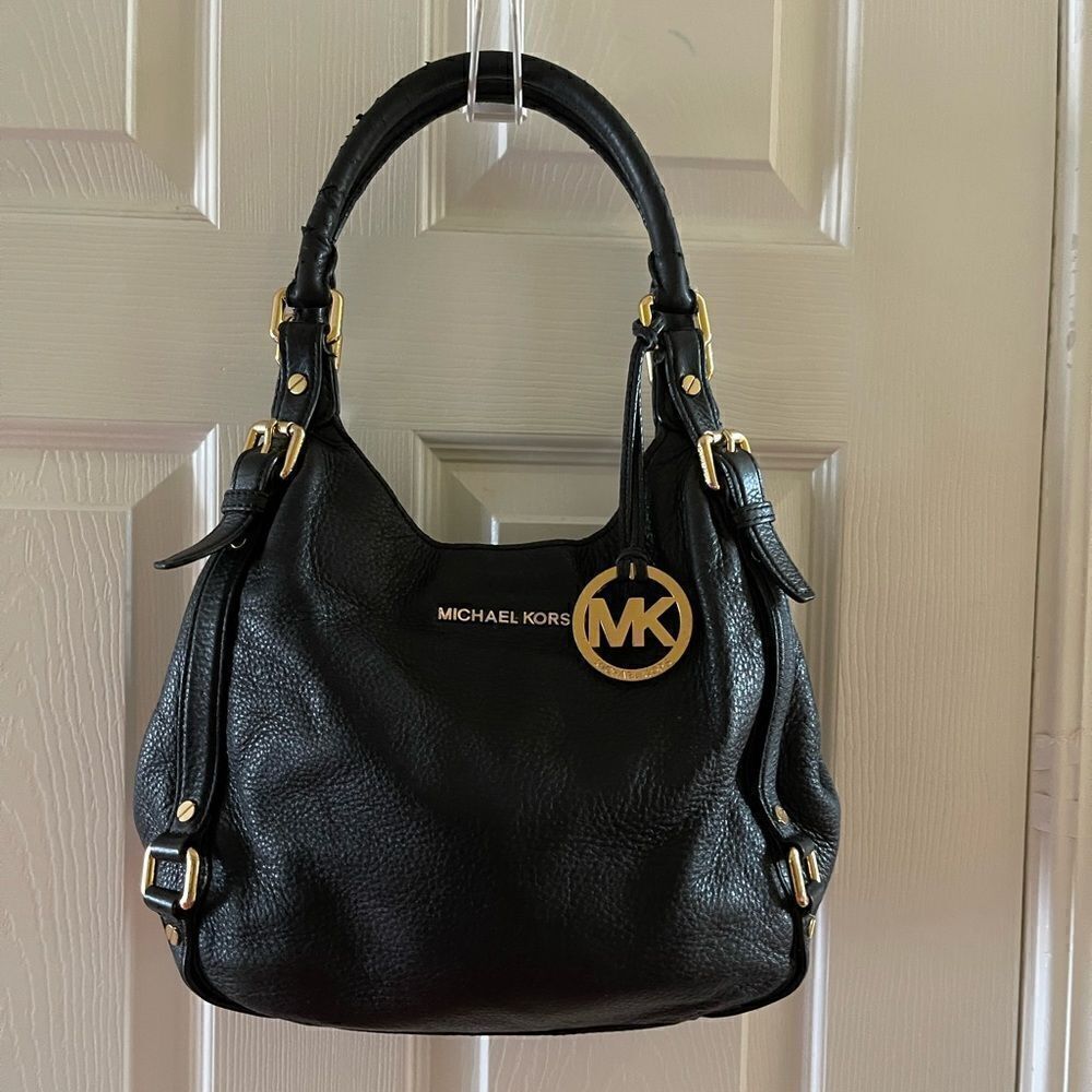 Michael Kors Black Pebble Leather Satchel with gold tone hardwares and accents. - Picture 1 of 16